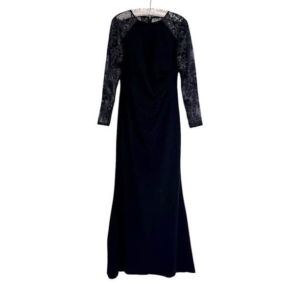 NEW ELIZA J Sequin Embroidered Long Illusion Sleeve Gown in Navy Blue Size 8 - Picture 7 of 10